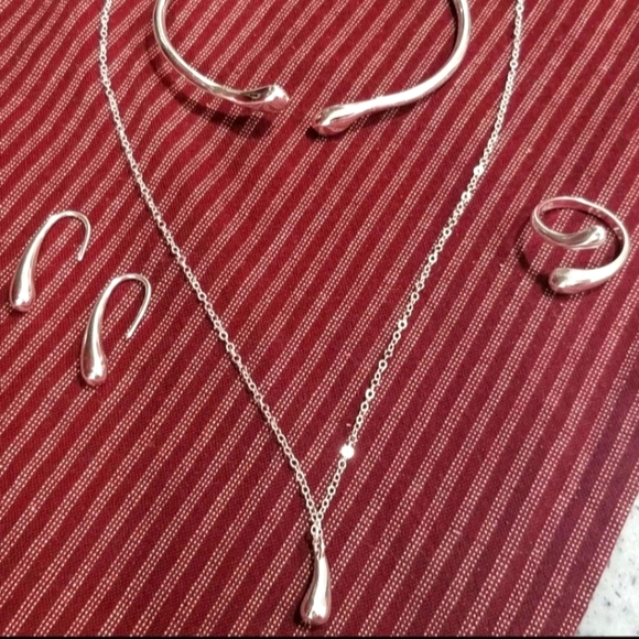 .925 stamped plated teardrop necklace bracelet earrings adjustable ring set - Picture 3 of 9
